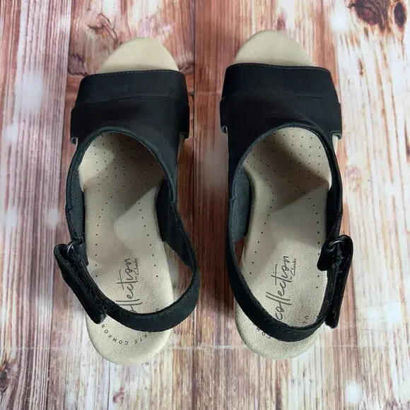 Clarks ANNADEL IVORY Size 8 Black Suede Cork Wedge Heel Sandals Open Toe Shoes - Picture 5 of 10